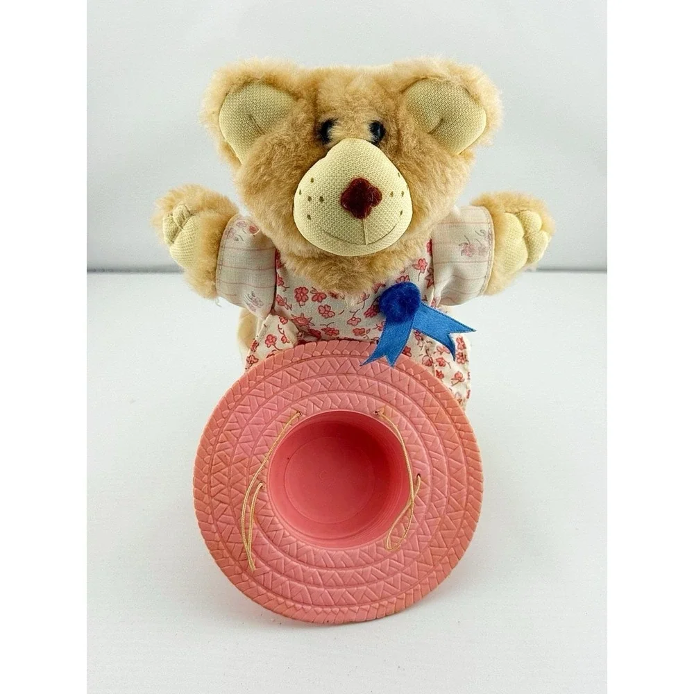 Vintage 1986 Furskin Hattie Plush In Floral Dress & Pink Straw Hat